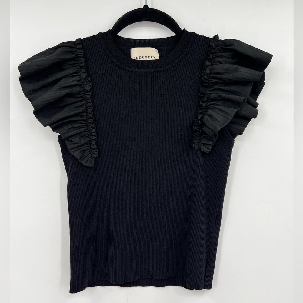 INDUSTRY Republic Clothing Ruffle Sleeve Top Crew Neck Solid Black Size Medium